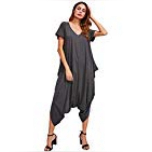 Trendy “Harem” Style Baggy Medium Grey Short Sleeve Zip Back jumpsuit - Picture 7 of 7